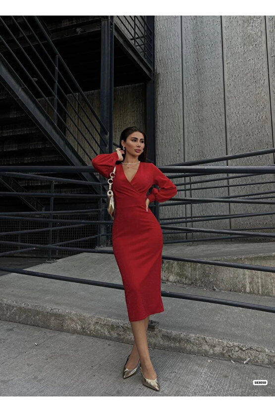 MDB Kadın Kruvaze Yaka Balon Kol imli Krep Kumaş idi Boy Elbise