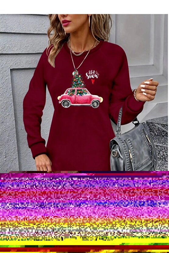 Kadın Uzun Kollu Bisiklet Yaka Desenli Viskon Iki Iplik Elbise