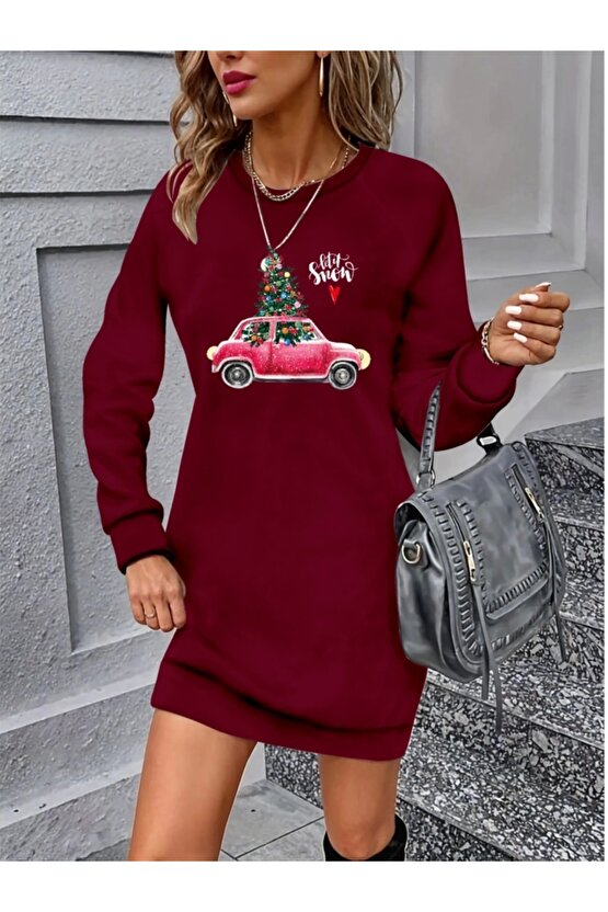 Kadın Uzun Kollu Bisiklet Yaka Desenli Viskon Iki Iplik Elbise