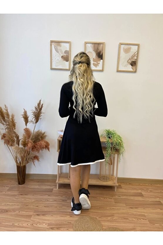 Kadın Uzun Kollu Derin Yuvarlak Yakalı Kısa Viskon Iki Iplik Elbise