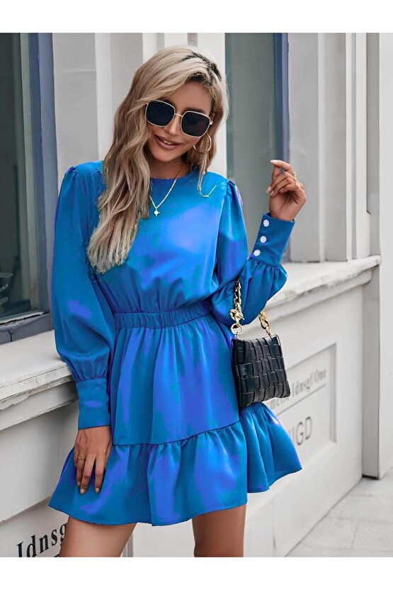 Kadın Uzun Kollu Bisiklet Yaka Beli Lastikli Fırfırlı Ithal Krep Elbise