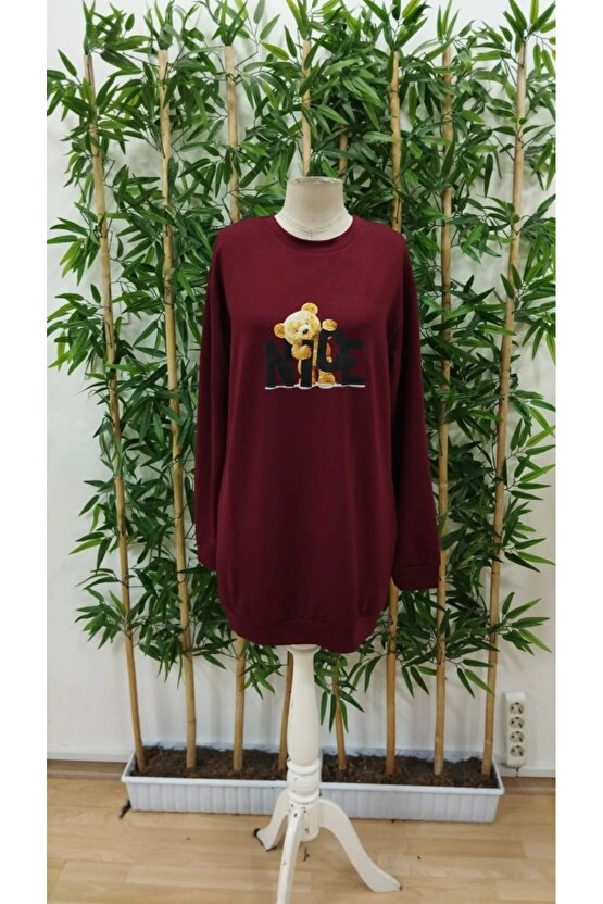 Kadın Uzun Kollu Bisiklet Yaka Ayı Desenli Viskon Iki Iplik Elbise