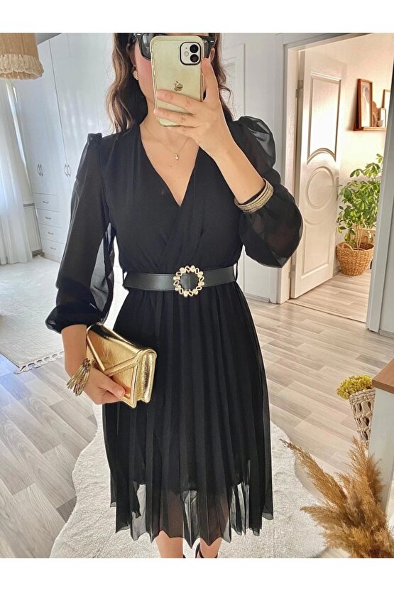 MDB Kadın şifon Kumaş Astalı Kloş Kesim Kruvaze Yaka idi Boy Elbise