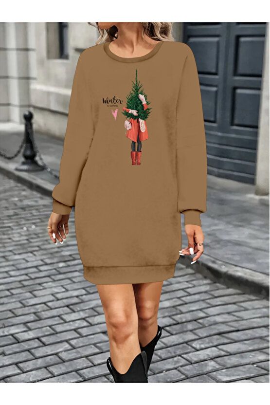 Gökyüzü Moda Kadın Uzun Kollu Bisiklet Yaka Desenli Kısa Viskon Iki Iplik Elbise