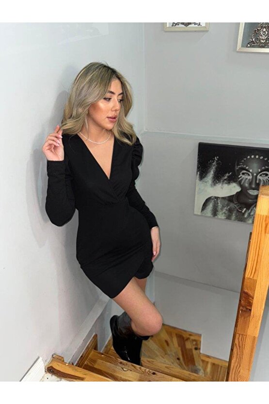 Kadın Uzun Kollu Kruvaze Yaka Kol Detaylı Ithal Krep Mini Elbise