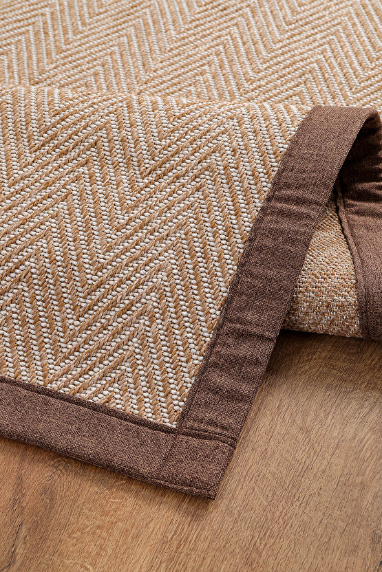 0408-Kahve Kumaş Bordür Sisal Halı Kilim Hav Toz Vermez Kolay Temizlenen Hasır Kilim