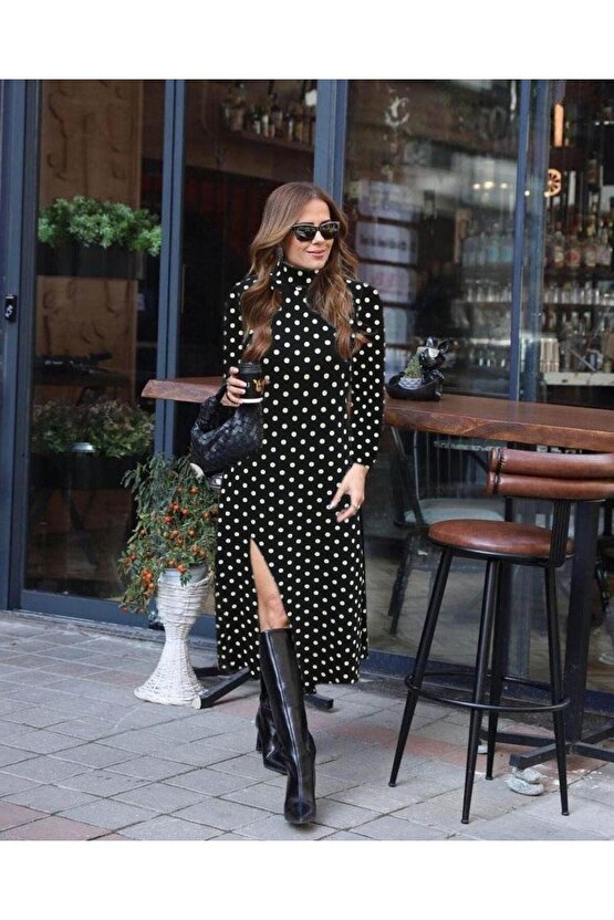 Kadın Uzun Kollu Balıkçı Yaka Yırtmaçlı Krep Elbise