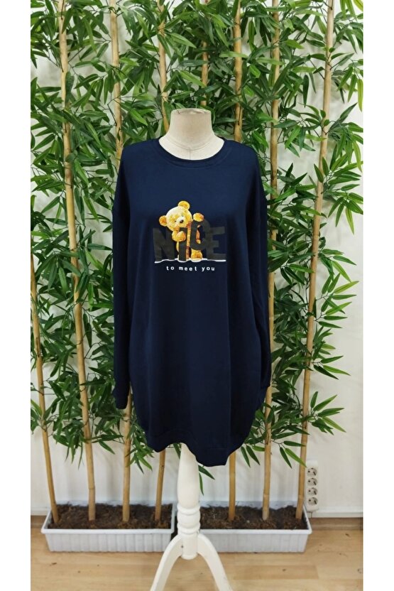 Kadın Uzun Kollu Bisiklet Yaka Ayı Desenli Viskon Iki Iplik Elbise