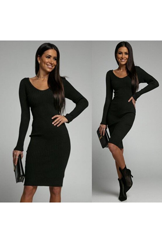 Kadın Uzun Kollu V Yaka Triko Elbise