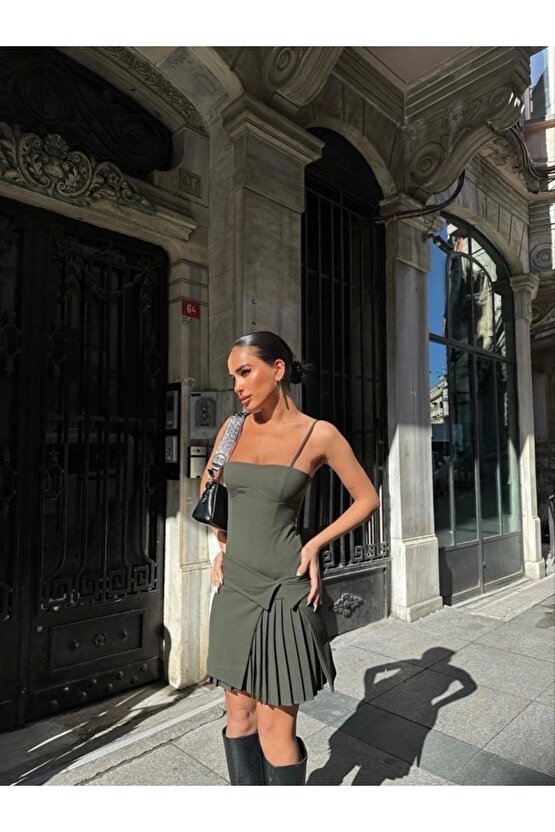 İki Parçalı Pileli Askılı ini Elbise Haki