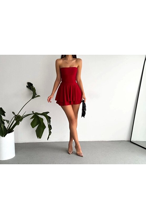 traplez andy Kumaş Şortlu Prenses Etek ini Kloş Elbise Kırmızı