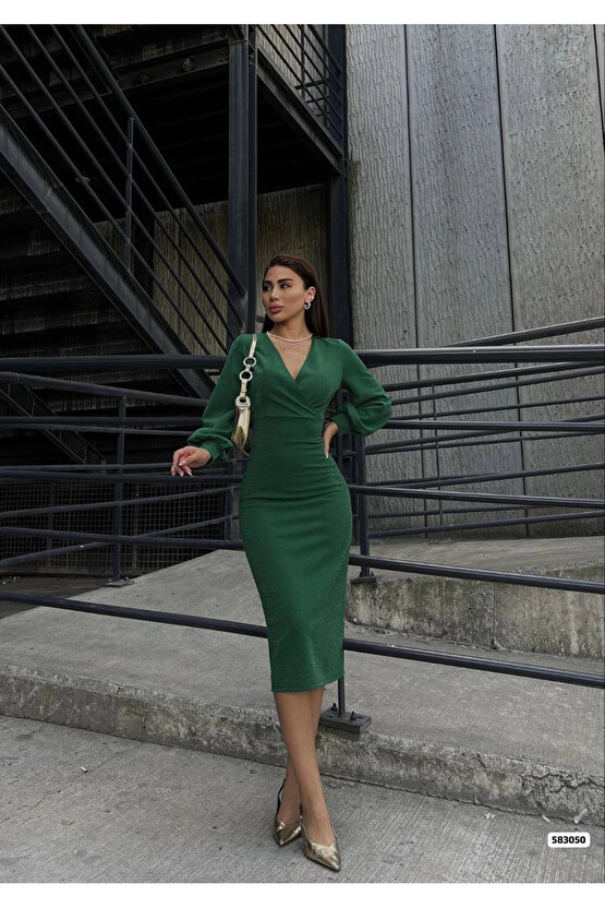 MDB Kadın Kruvaze Yaka Balon Kol imli Krep Kumaş idi Boy Elbise