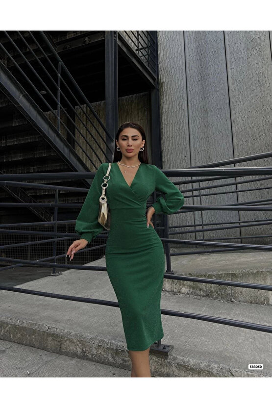 MDB Kadın Kruvaze Yaka Balon Kol imli Krep Kumaş idi Boy Elbise