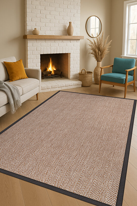 0408-Antrasit Kumaş Bordür Sisal Halı Kilim Hav Toz Vermez Kolay Temizlenen Hasır Kilim