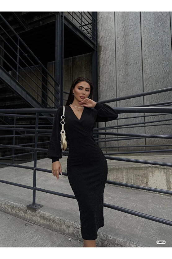 MDB Kadın Kruvaze Yaka Balon Kol imli Krep Kumaş idi Boy Elbise