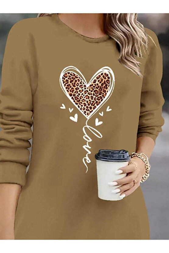 Kadın Uzun Kollu Bisiklet Yaka Kalp Desenli Kısa Viskon Elbise