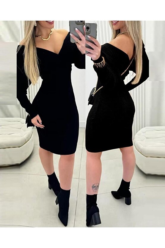 Kadın Uzun Kollu Omuzlardan Açık Kruvaze Yaka Kısa Triko Elbise