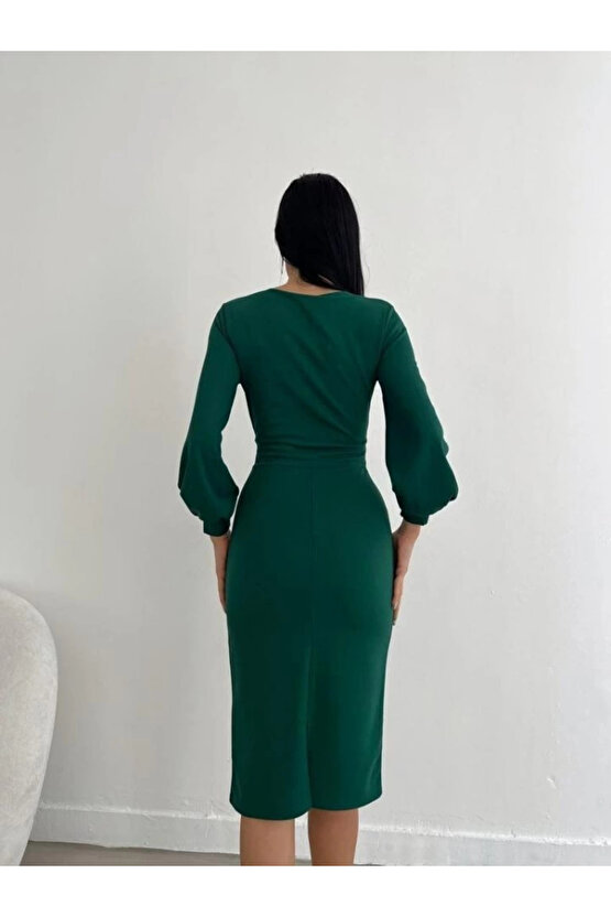 MDB Kadın Kruvaze Yaka Balon Kol idi Boy Elbise