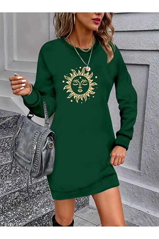 Kadın Uzun Kollu Bisiklet Yaka Güneş Desenli Viskon Iki Iplik Elbise