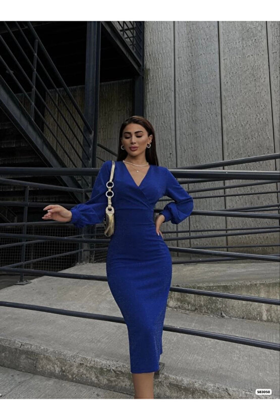 MDB Kadın Kruvaze Yaka Balon Kol imli Krep Kumaş idi Boy Elbise