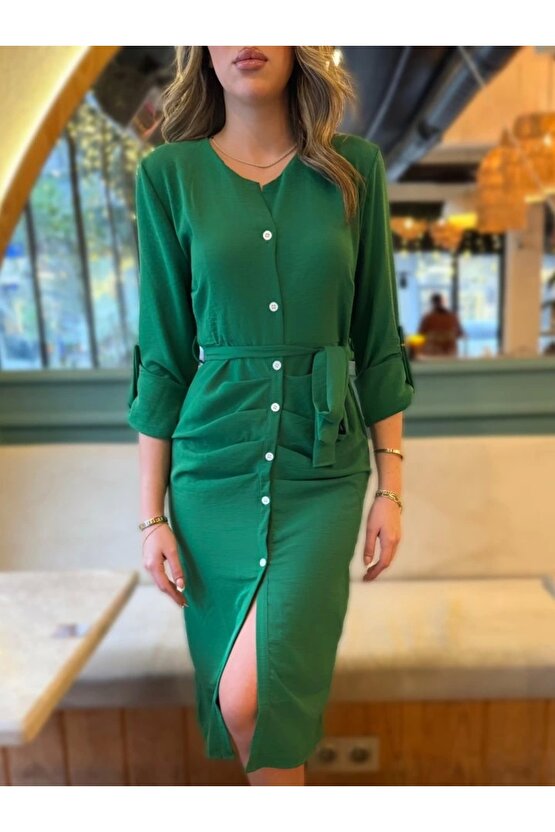 Kadın Uzun Kollu önden Düğmeli Beli Kuşaklı Aerobin Midi Elbise