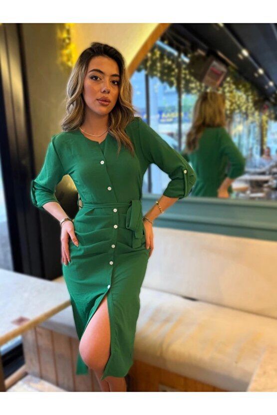 Kadın Uzun Kollu önden Düğmeli Beli Kuşaklı Aerobin Midi Elbise