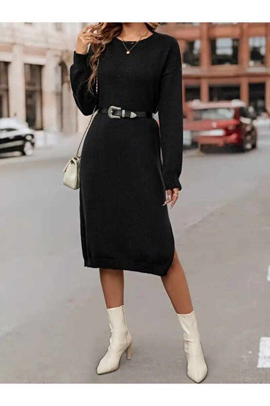 Kadın Uzun Kollu Bisiklet Yaka Yandan Yırtmaçlı Midi Triko Elbise(kemersiz)
