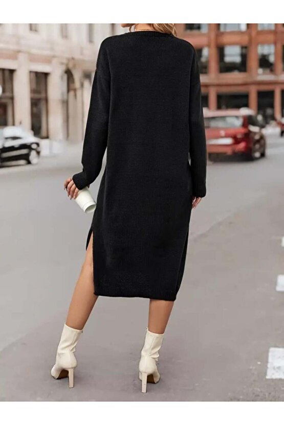 Kadın Uzun Kollu Bisiklet Yaka Yandan Yırtmaçlı Midi Triko Elbise(kemersiz)