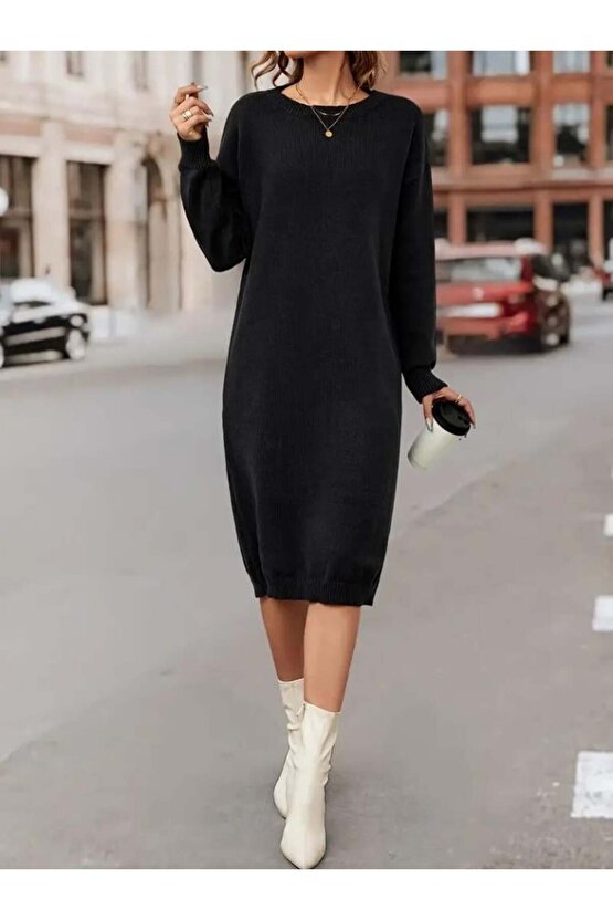 Kadın Uzun Kollu Bisiklet Yaka Yandan Yırtmaçlı Midi Triko Elbise(kemersiz)