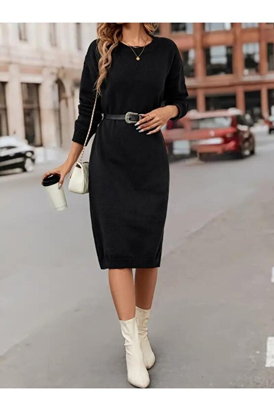 Kadın Uzun Kollu Bisiklet Yaka Yandan Yırtmaçlı Midi Triko Elbise(kemersiz)