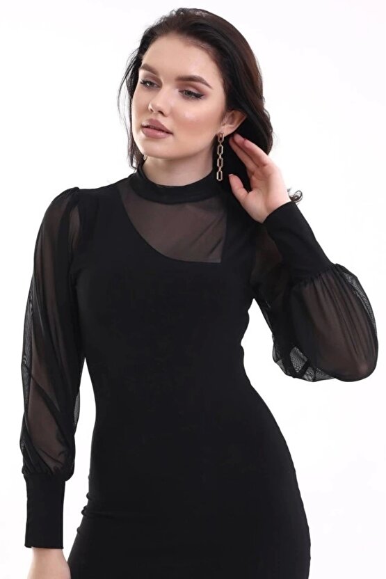 Kadın Balıkçı Yaka Transparan Detay Fırsat ürün andy Kumaş ini Elbise