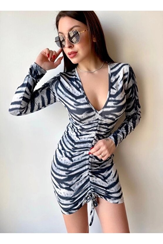 Kadın V Yaka önü Asansör Büzgü Detay Fırsat ürün Puantiyeli ini Elbise