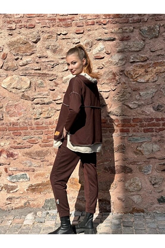 Kadın Kahve Kapşonlu Etek Ucu Detay Arma Ters Dikiş Gorunumlu Ikili Takım