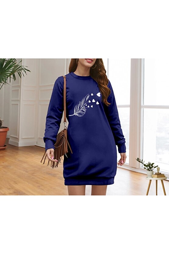 Kadın Uzun Kollu Bisiklet Yaka Desenli Viskon Iki Iplik Elbise