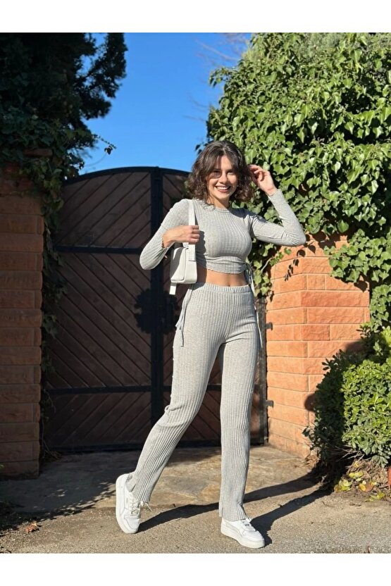 Kadın Yandan Bağlamalı Geniş Paçalı Fitil Kaşkorse İkili Takım