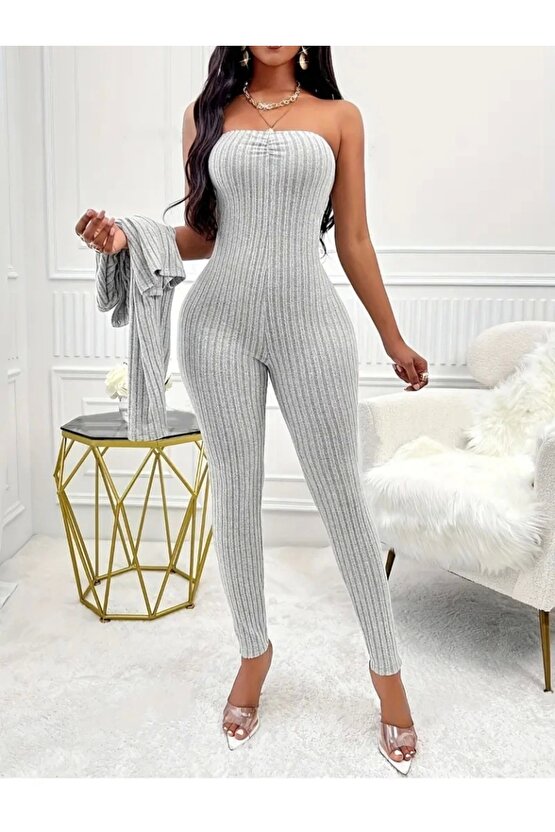 Kadın Uzun Kollu şardonlu Kaşkorse Straplez Ile Kısa önden Düğmeli Ceket Ikili Takım