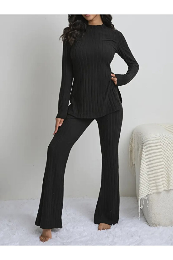 Kadın Uzun Kollu Yuvarlak Yaka Yandan Yırtmaç Detaylı şardonlu Kaşkorse Bluz Ve Pantolon Ikili Takım