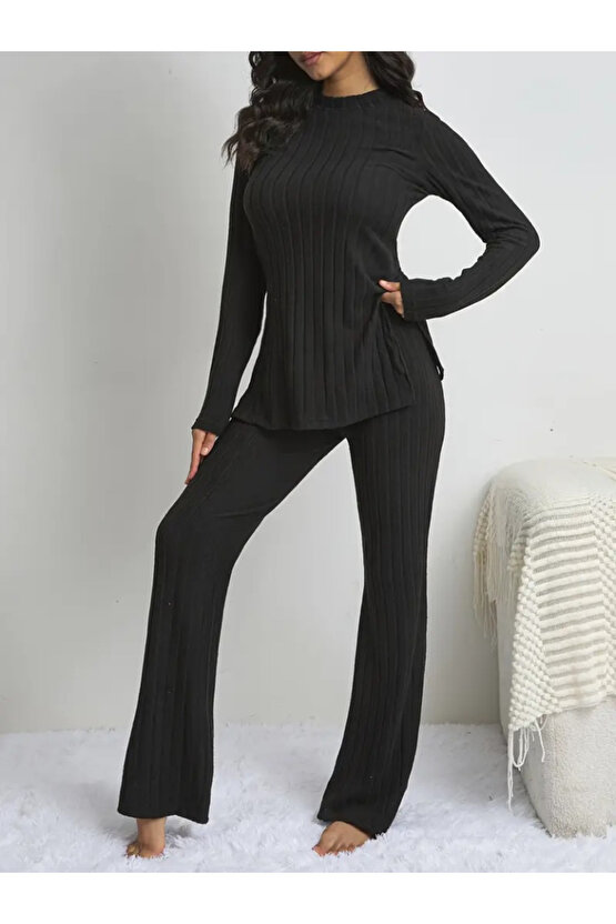 Kadın Uzun Kollu Yuvarlak Yaka Yandan Yırtmaç Detaylı şardonlu Kaşkorse Bluz Ve Pantolon Ikili Takım