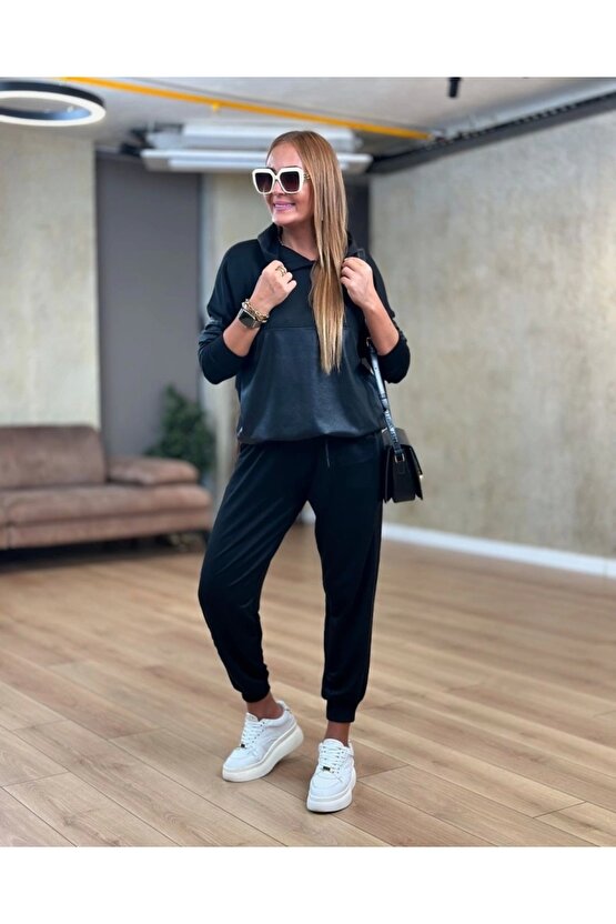 Kadın Uzun Kollu Kapüşonlu Oversize Sweat Ve Pantolon Ikili Takım