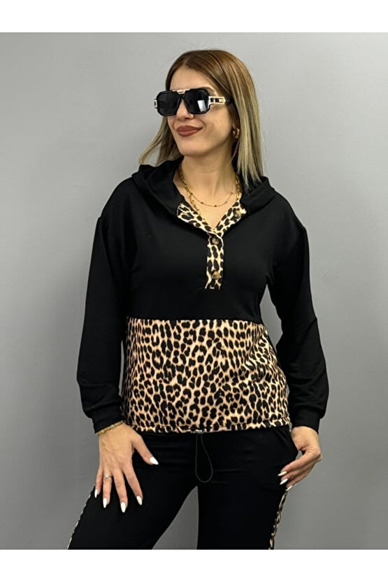 Kadın Uzun Kollu Leopar Detay weat Ve Yanı Leopar şerit Detay Pantolon Ikili Takım