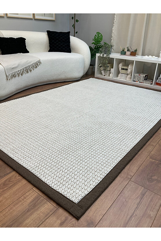 Kumaş Bordür Beyaz Bukle Kahve Bordür  Halı Salon Koridor Mutfak Çocuk Odası Halısı  Kilim S257
