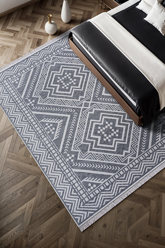 Macro Bohem Touch Serisi Çift Taraflı Dokuma Pamuklu Kilim 1701 Siyah