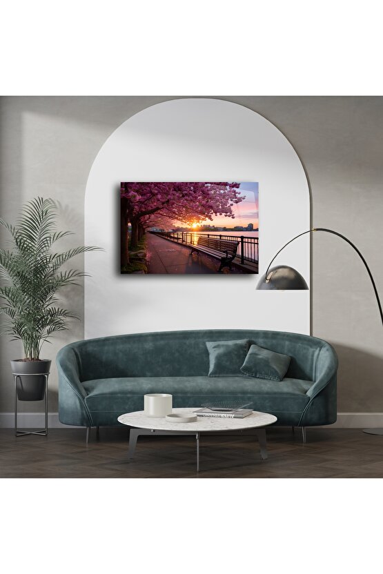 Kiraz Çiçeği Gün Batımı Park Bankı Kanvas Tablo