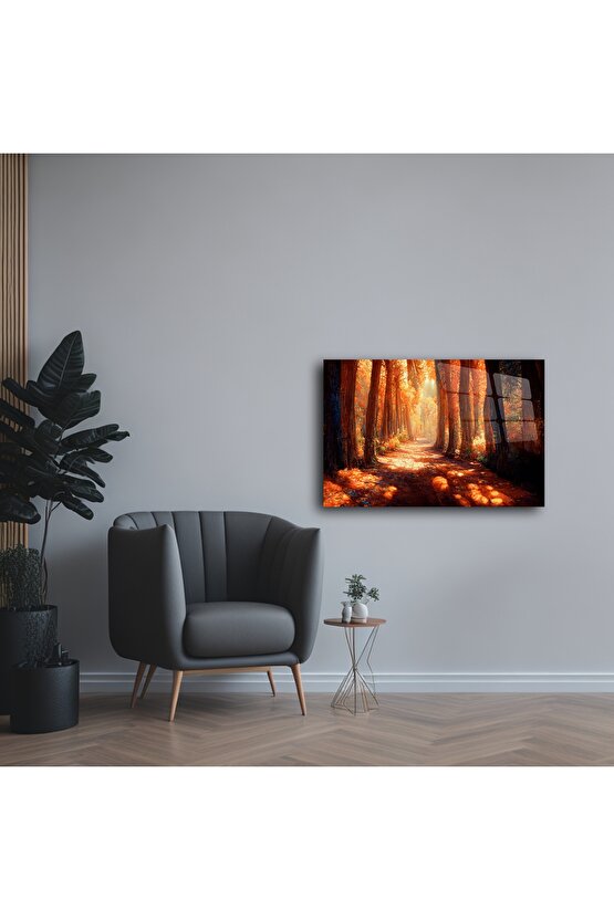 Sonbahar Orman Yolu Temalı Cam Duvar Tablosu