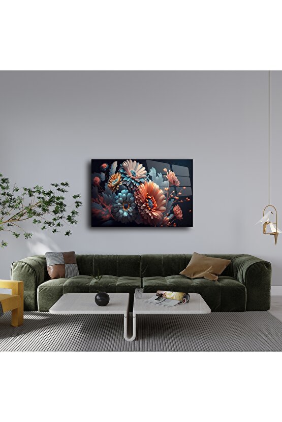 Canlı Turuncu ve Mavi Çiçek Temalı Sanatsal Duvar Posteri