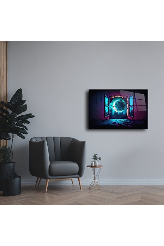 Neon Ay Manzaralı Fantastik Cam Tablo