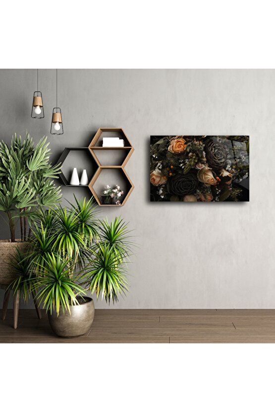 Lüks Koyu Renkli Gül ve Sukulent Duvar Tablosu