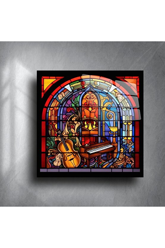 Piyano ve Viyolonselli Renkli Vitray Duvar Sanatı