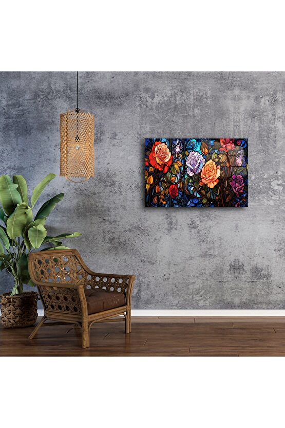 Renkli Çiçekli Gül Vitray Duvar Sanatı Paneli