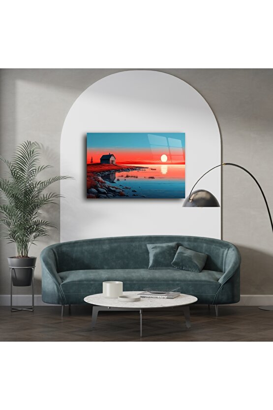 Gün Batımı Göl Evi Minimalist Duvar Sanatı